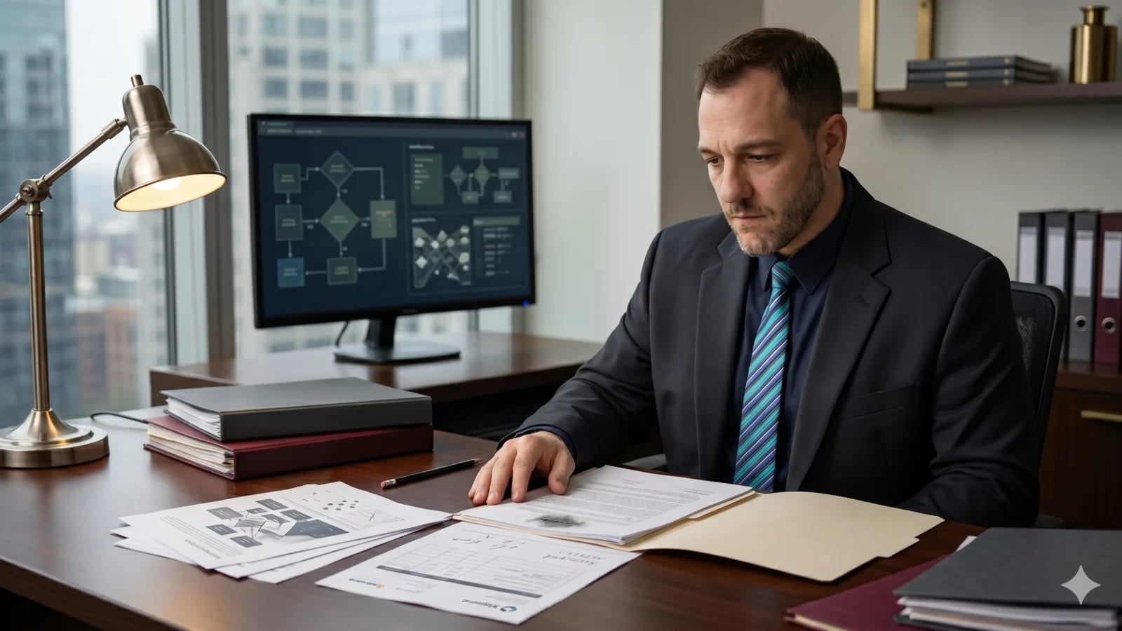 A serious operator reviewing fulfillment and risk documents in a modern office.