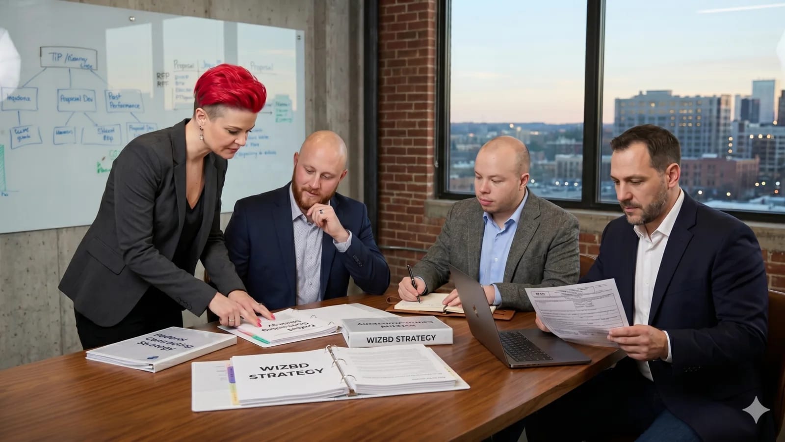 The WizBd team gathered around a table in a premium planning session.