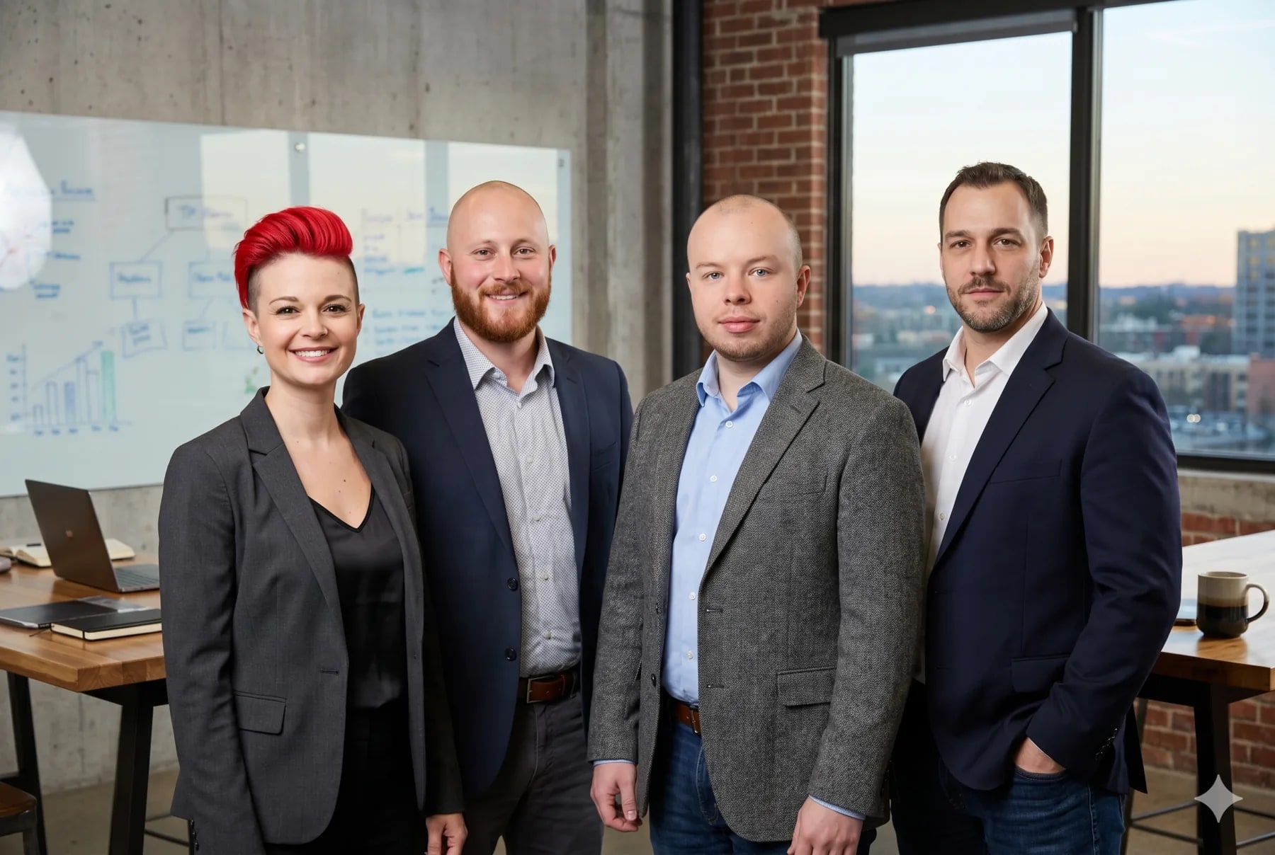 The four-person WizBd team standing together in a modern workspace.